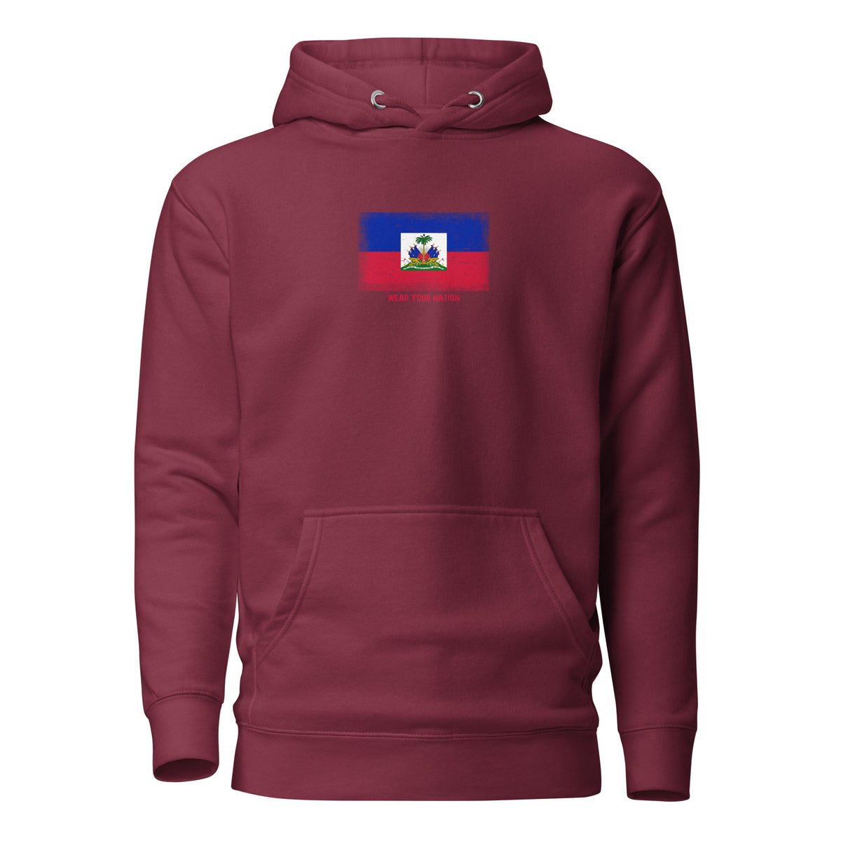 Haiti flag hoodie in Maroon, vintage-washed print, flag on the chest, unisex cut, front view