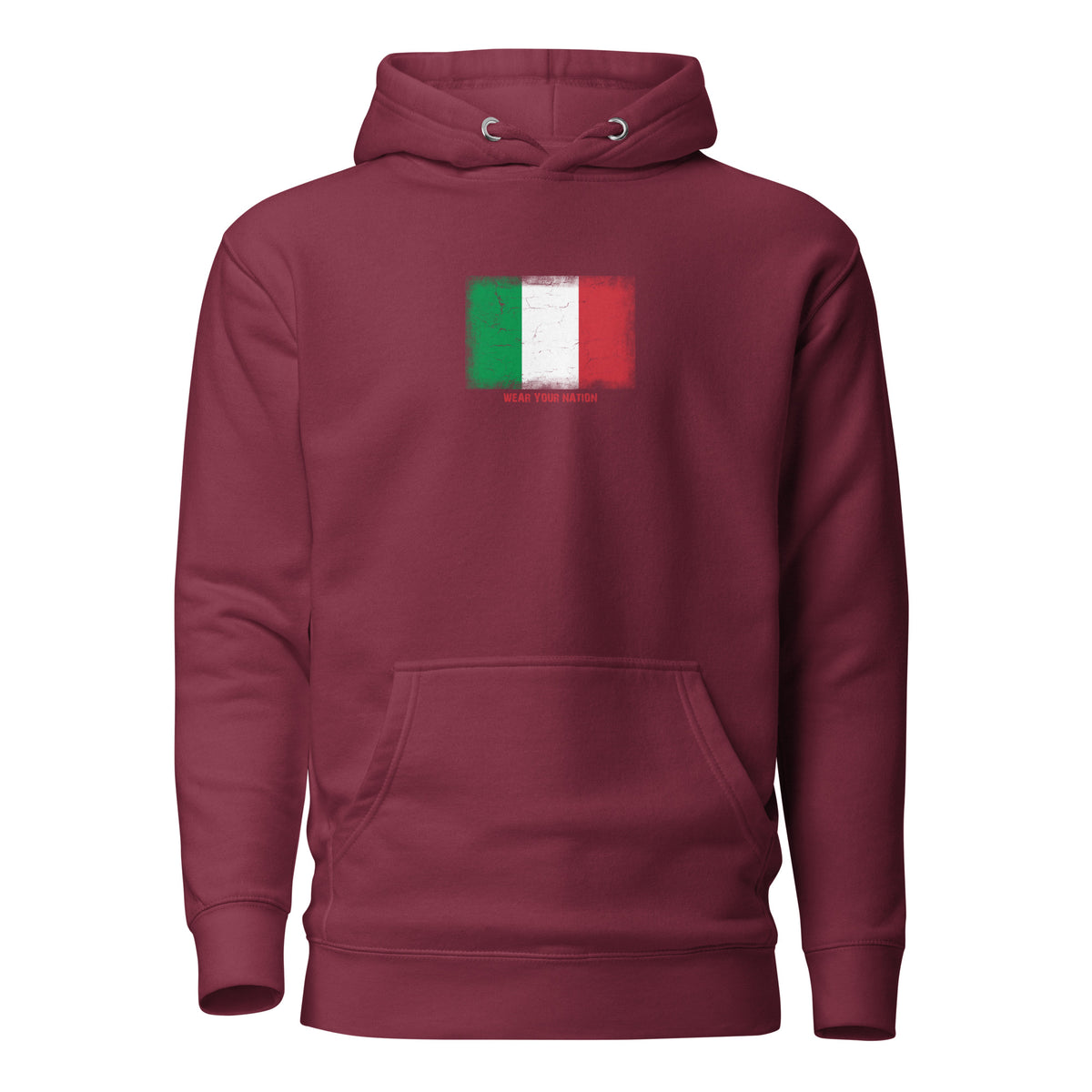 Italy flag hoodie in Maroon, vintage-washed print, flag on the chest, unisex cut, front view