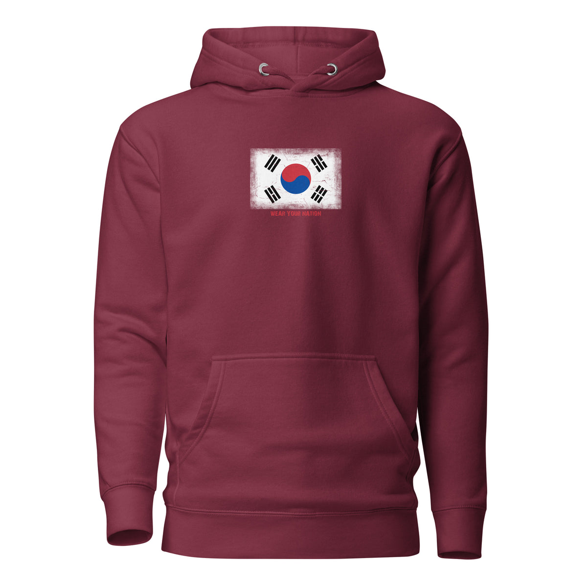 South Korea flag hoodie in Maroon, vintage-washed print, flag on the chest, unisex cut, front view