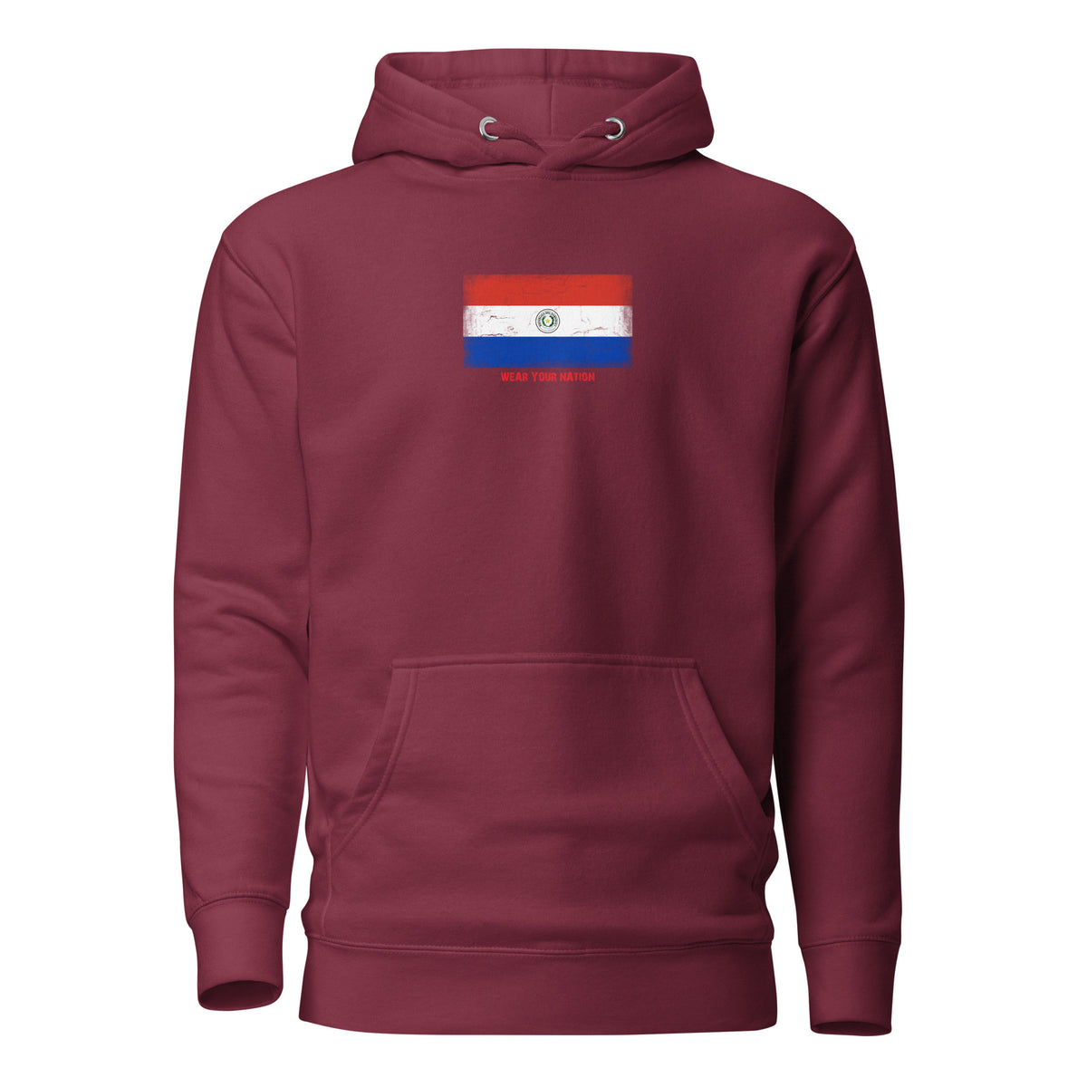 Paraguay flag hoodie in Maroon, vintage-washed print, flag on the chest, unisex cut, front view