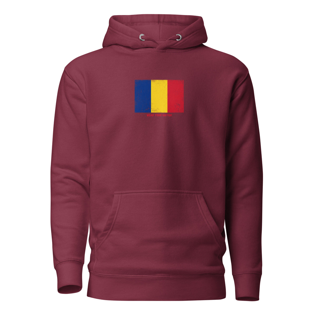 Romania flag hoodie in Maroon, vintage-washed print, flag on the chest, unisex cut, front view