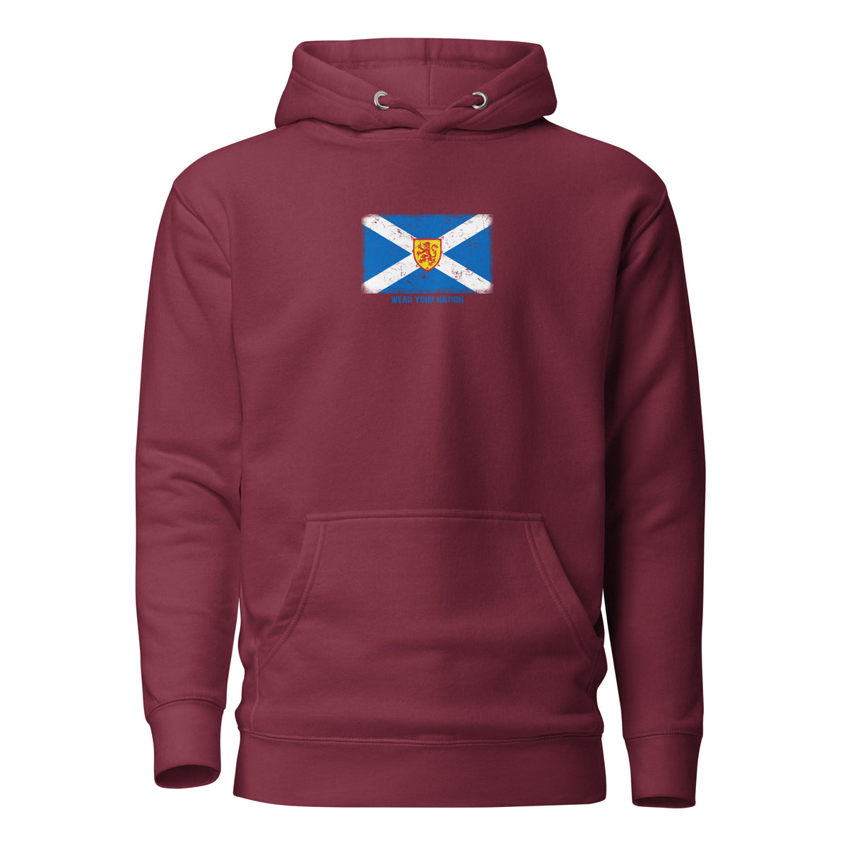 Scotland flag hoodie in Maroon, vintage-washed print, flag on the chest, unisex cut, front view