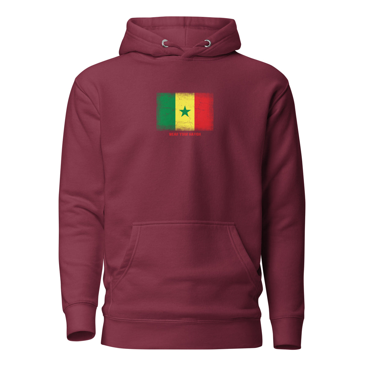 Spain flag hoodie in Maroon, vintage-washed print, flag on the chest, unisex cut, front view