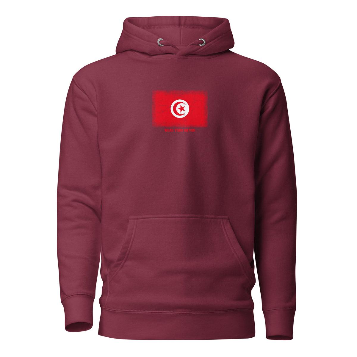 Tunisia flag hoodie in Maroon, vintage-washed print, flag on the chest, unisex cut, front view