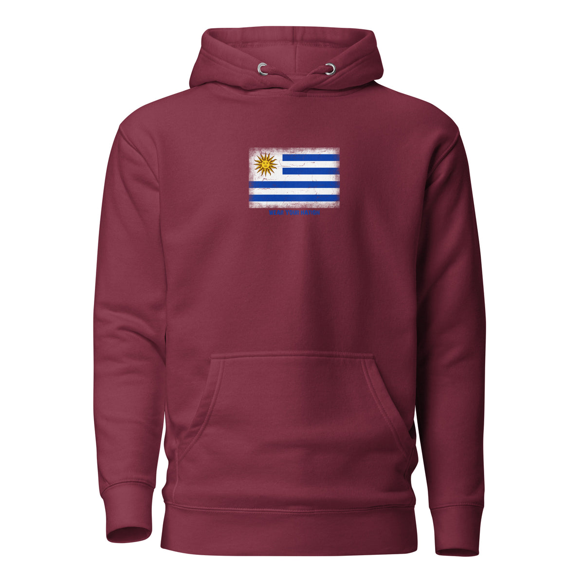 Uruguay flag hoodie in Maroon, vintage-washed print, flag on the chest, unisex cut, front view