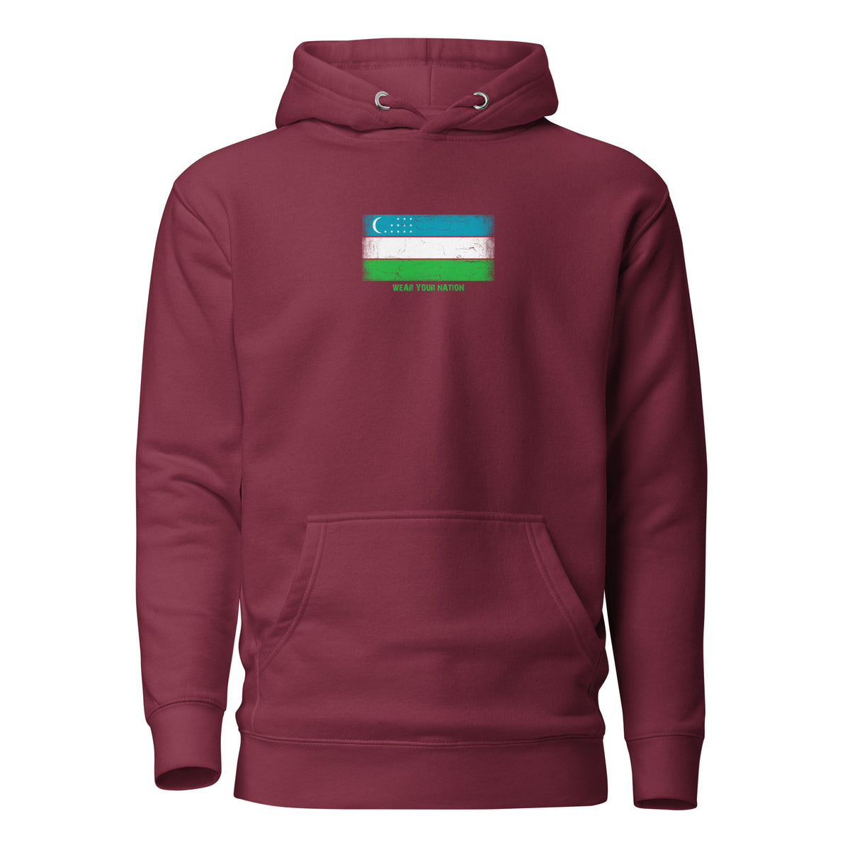 Uzbekistan flag hoodie in Maroon, vintage-washed print, flag on the chest, unisex cut, front view