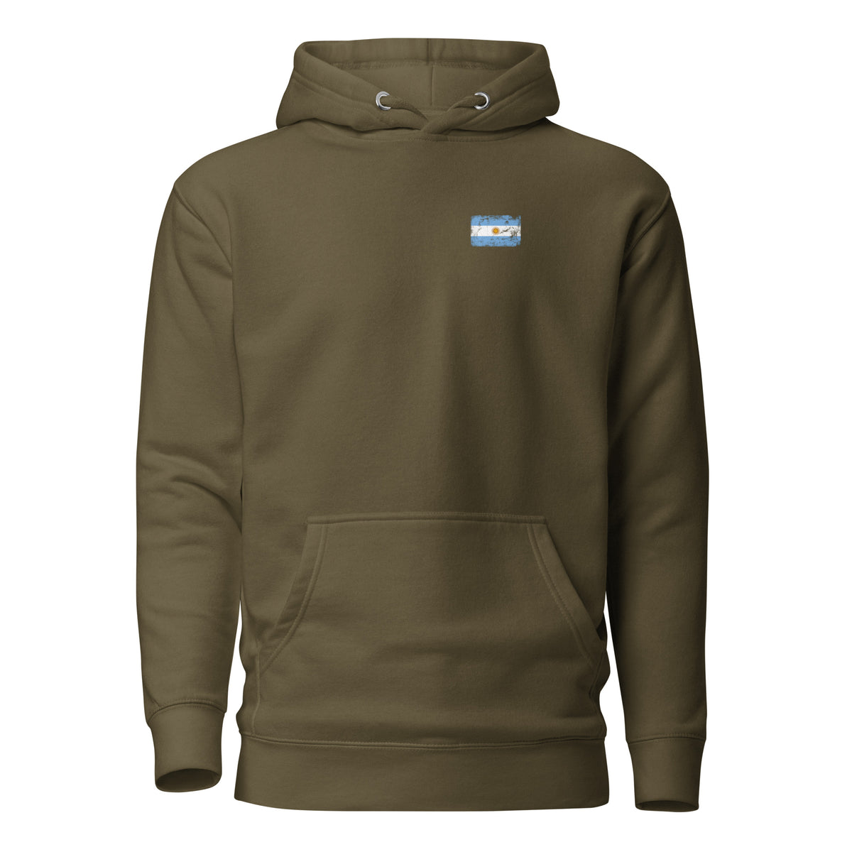 Argentina flag hoodie in Military Green, vintage-washed print, small flag on the left chest, unisex cut, front view