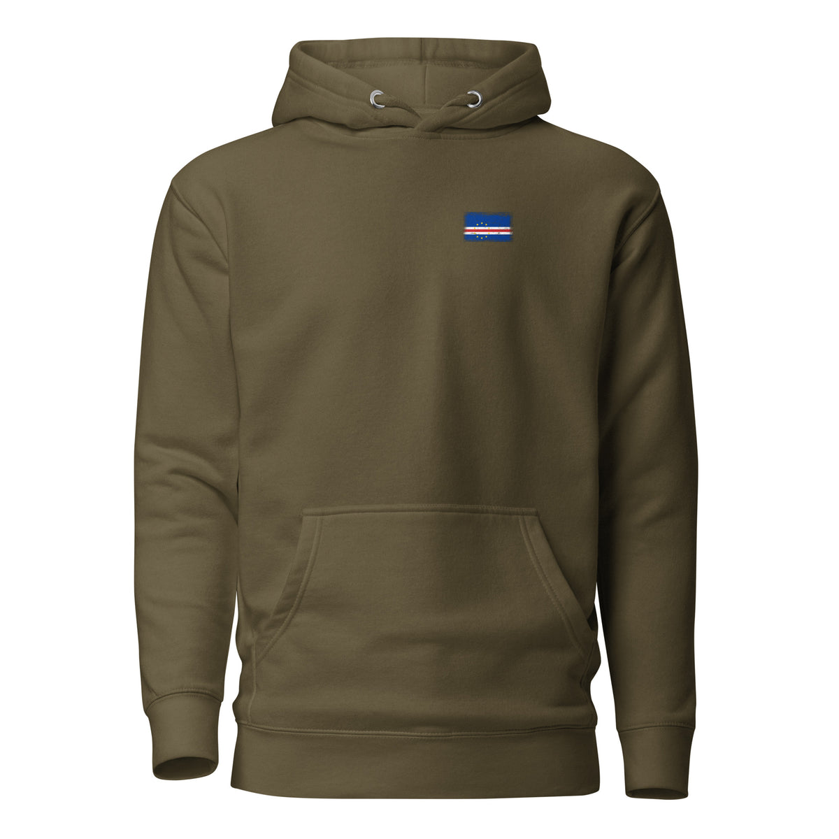 Cape Verde flag hoodie in Military Green, vintage-washed print, small flag on the left chest, unisex cut, front view