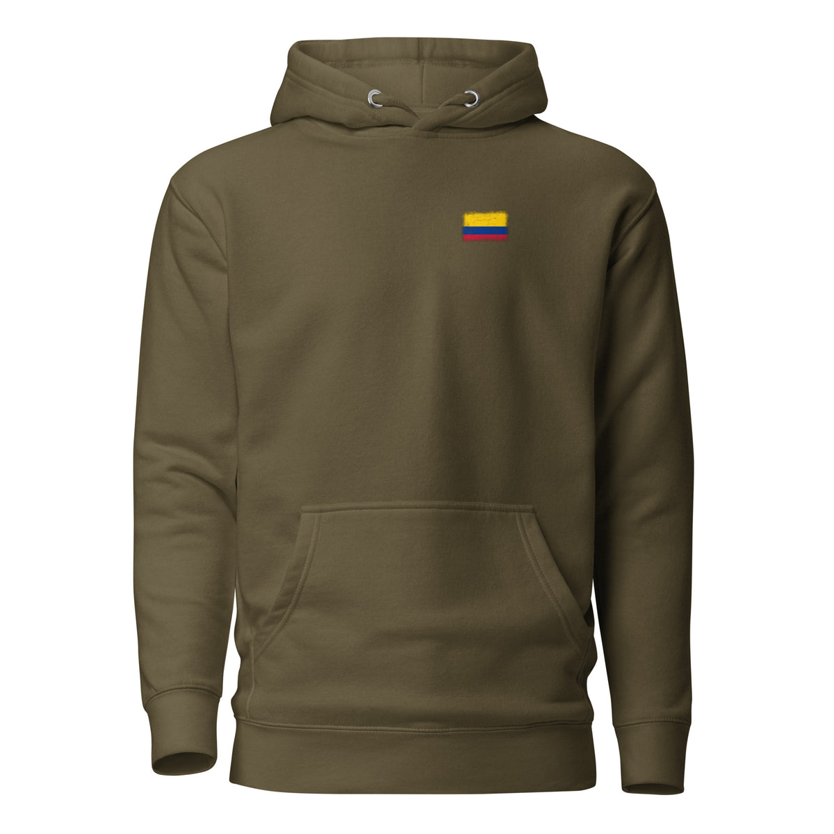 Colombia flag hoodie in Military Green, vintage-washed print, small flag on the left chest, unisex cut, front view