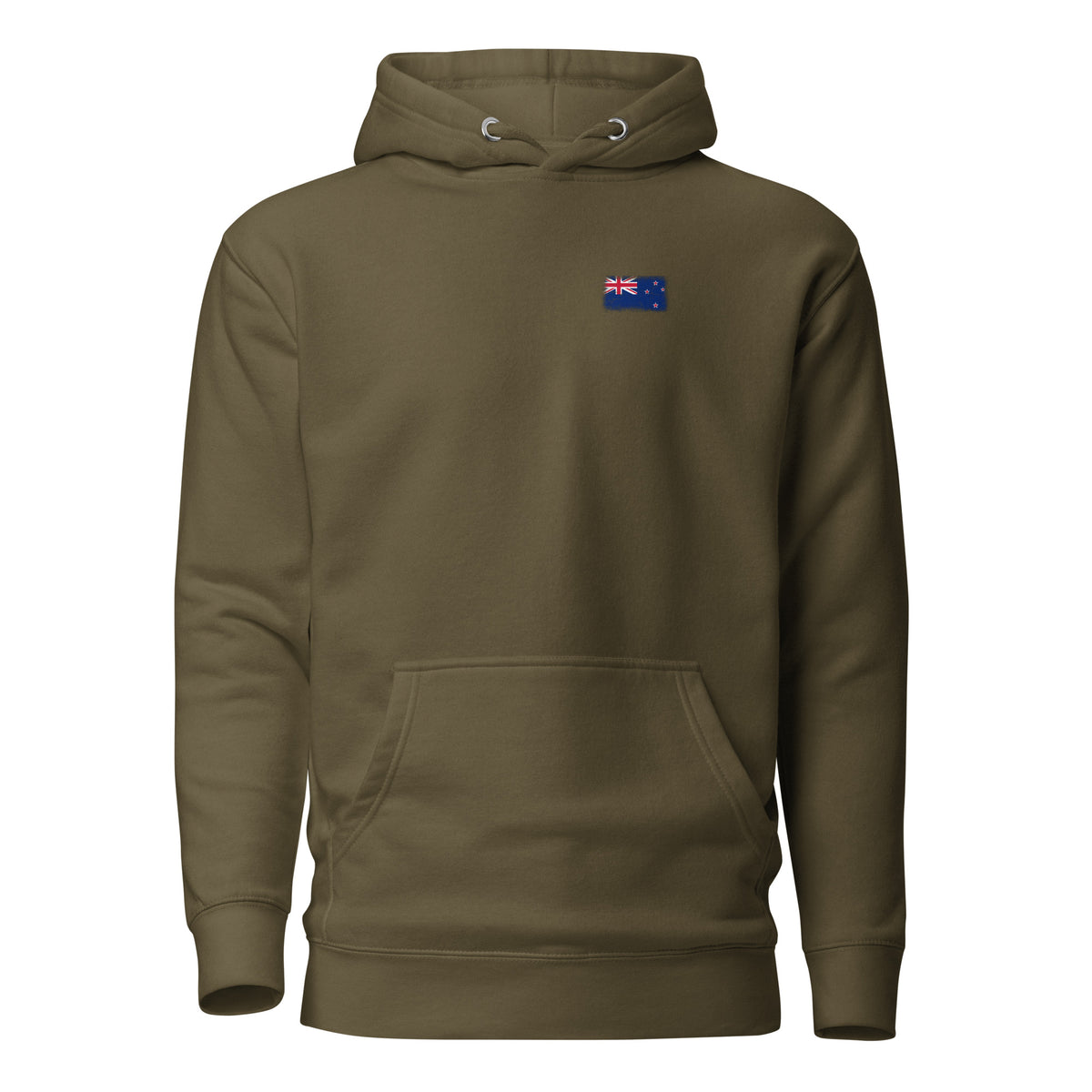 New Zealand flag hoodie in Military Green, vintage-washed print, small flag on the left chest, unisex cut, front view