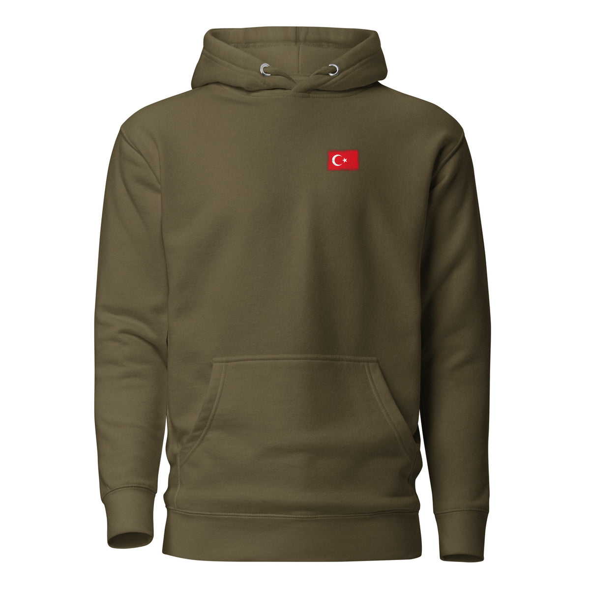 Turkey flag hoodie in Military Green, vintage-washed print, small flag on the left chest, unisex cut, front view