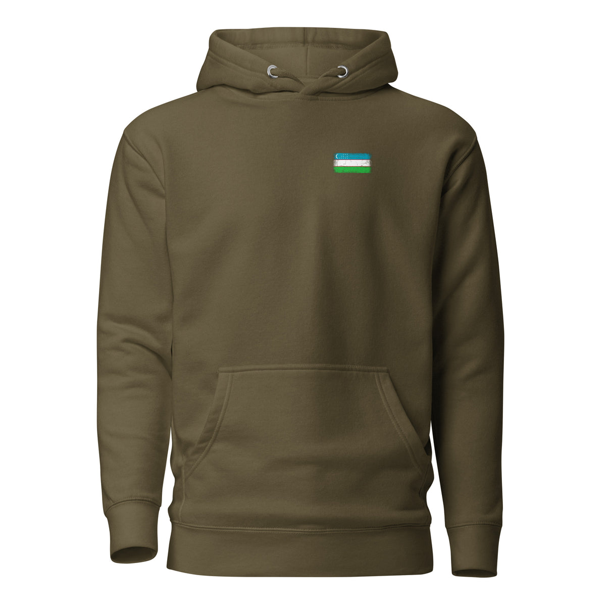 Uzbekistan flag hoodie in Military Green, vintage-washed print, small flag on the left chest, unisex cut, front view