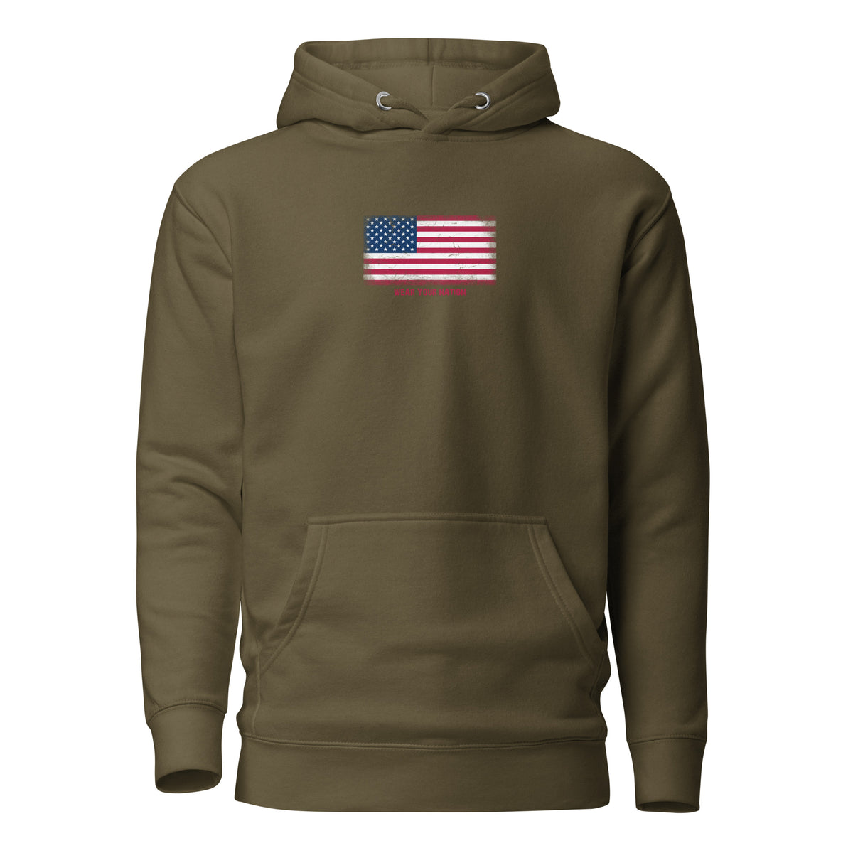 USA flag hoodie in Military Green, vintage-washed print, flag on the chest, unisex cut, front view