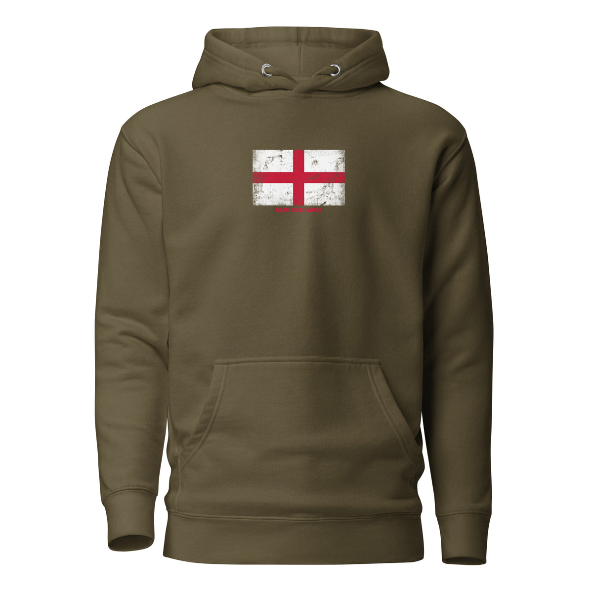 England flag hoodie in Military Green, vintage-washed print, flag on the chest, unisex cut, front view