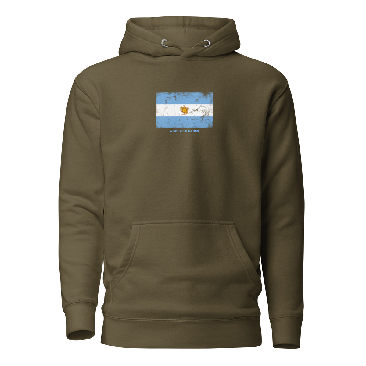 Argentina flag hoodie in Military Green, vintage-washed print, flag on the chest, unisex cut, front view
