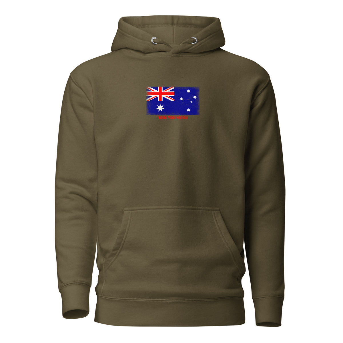 Australia flag hoodie in Military Green, vintage-washed print, flag on the chest, unisex cut, front view