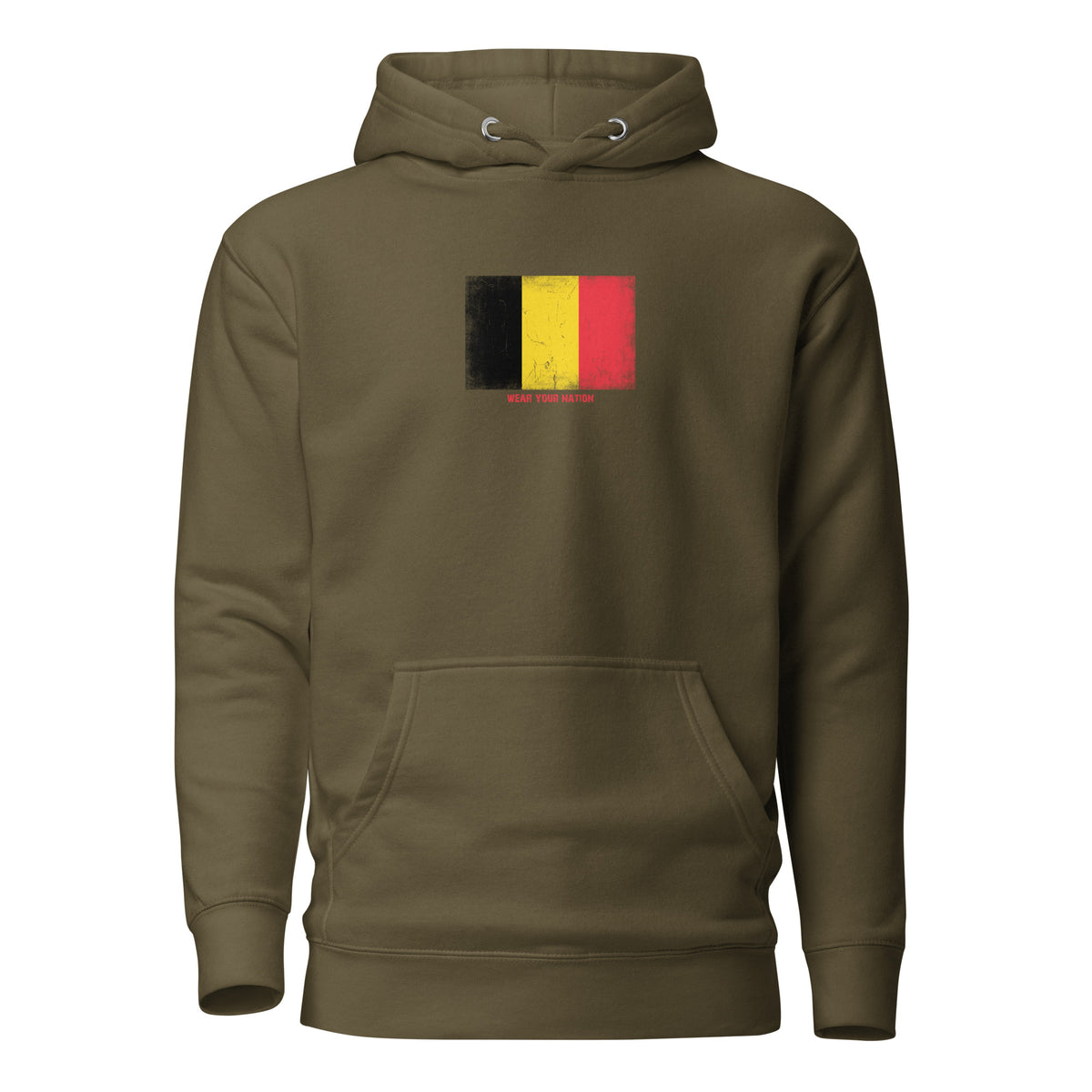 Belgium flag hoodie in Military Green, vintage-washed print, flag on the chest, unisex cut, front view