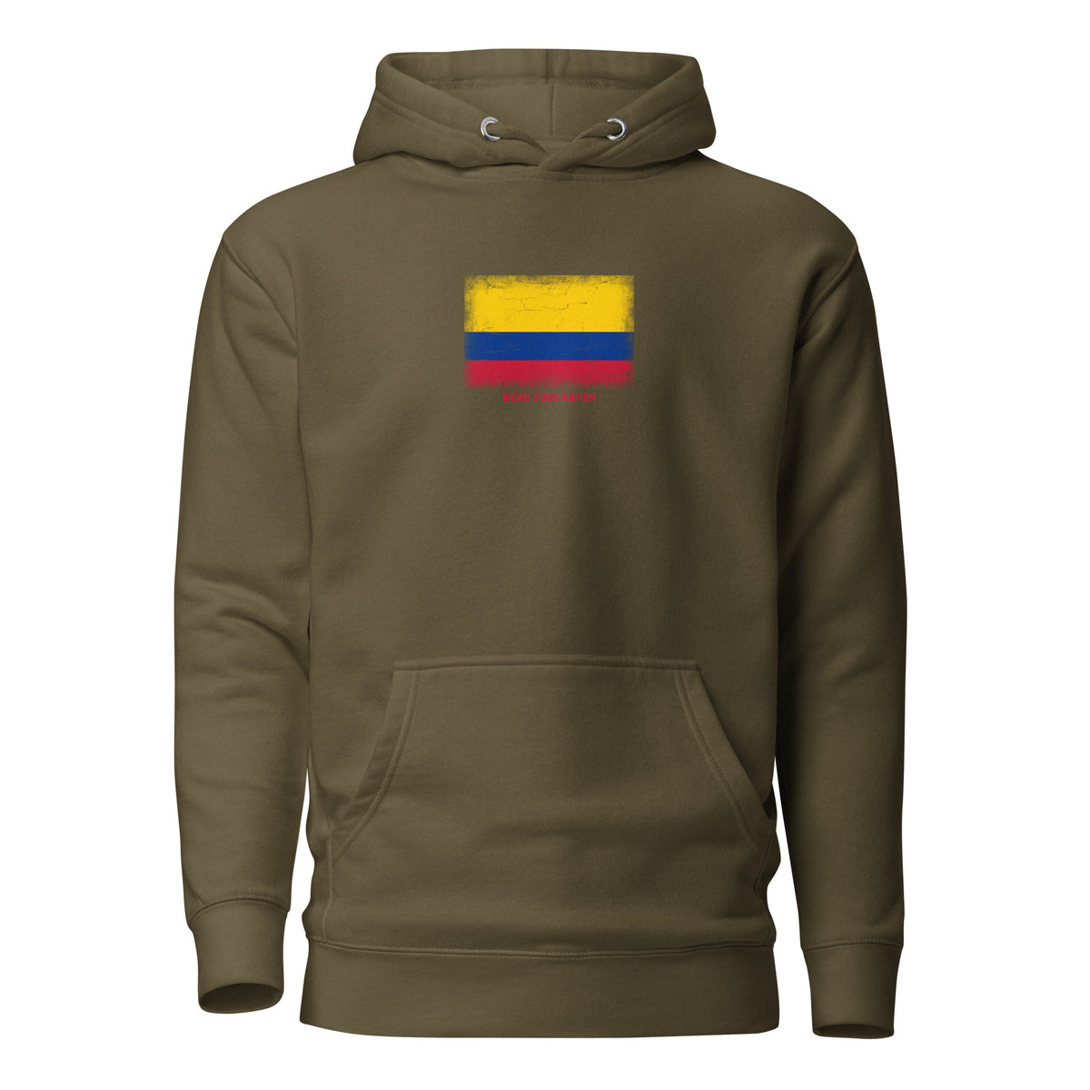 Colombia flag hoodie in Military Green, vintage-washed print, flag on the chest, unisex cut, front view