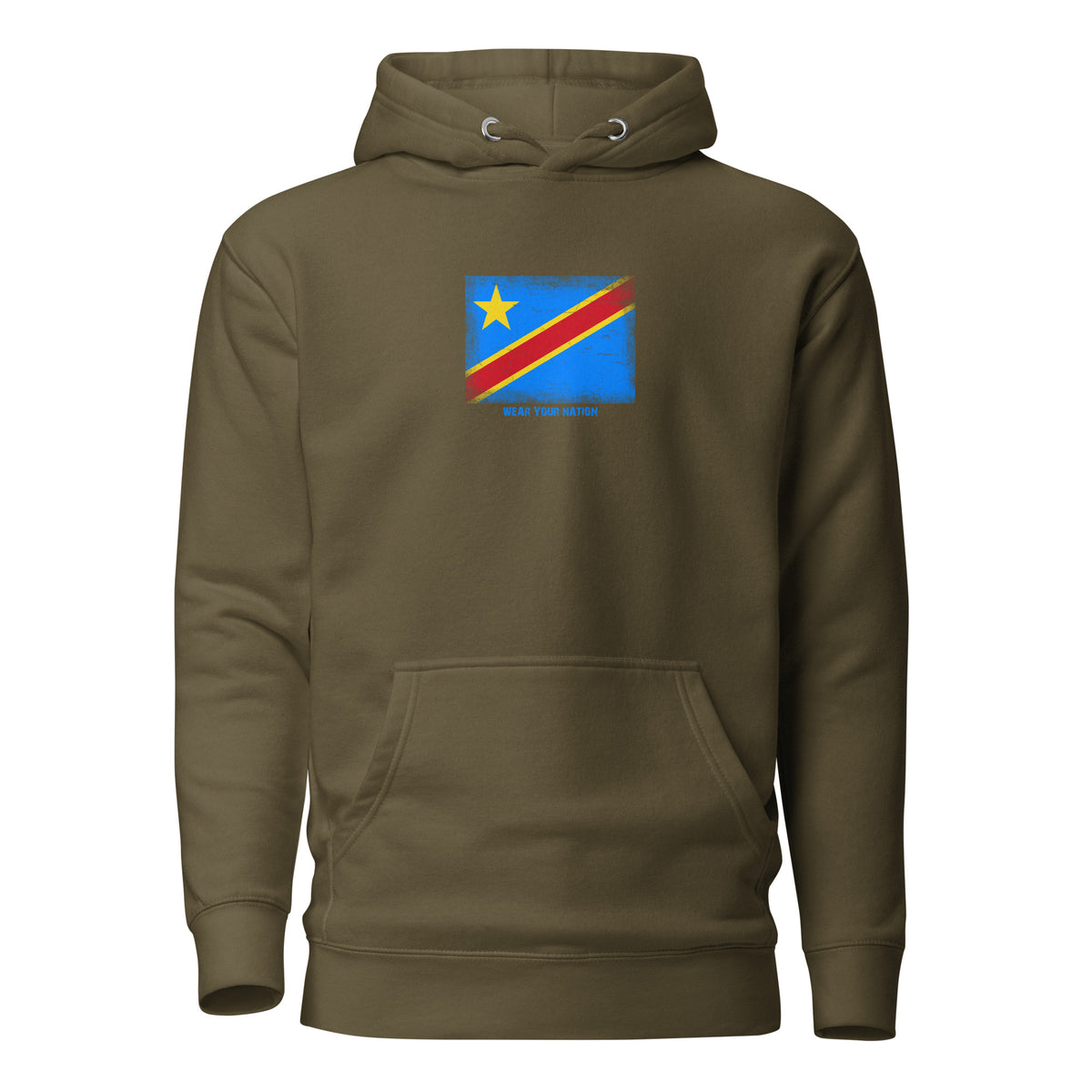 Congo flag hoodie in Military Green, vintage-washed print, flag on the chest, unisex cut, front view