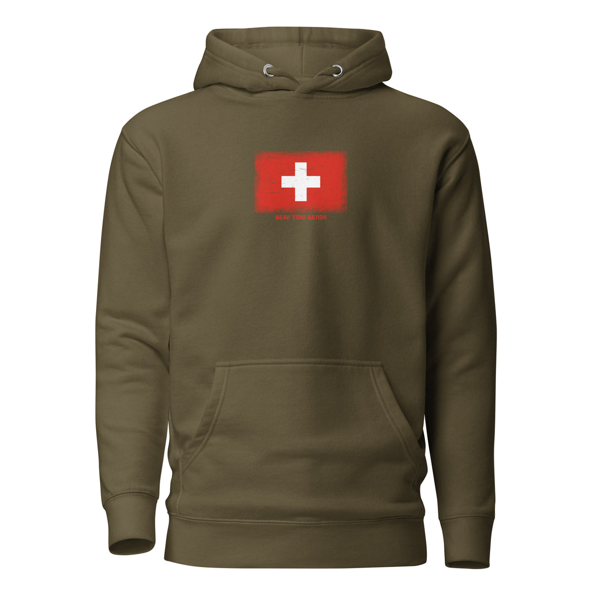 Switzerland flag hoodie in Military Green, vintage-washed print, flag on the chest, unisex cut, front view