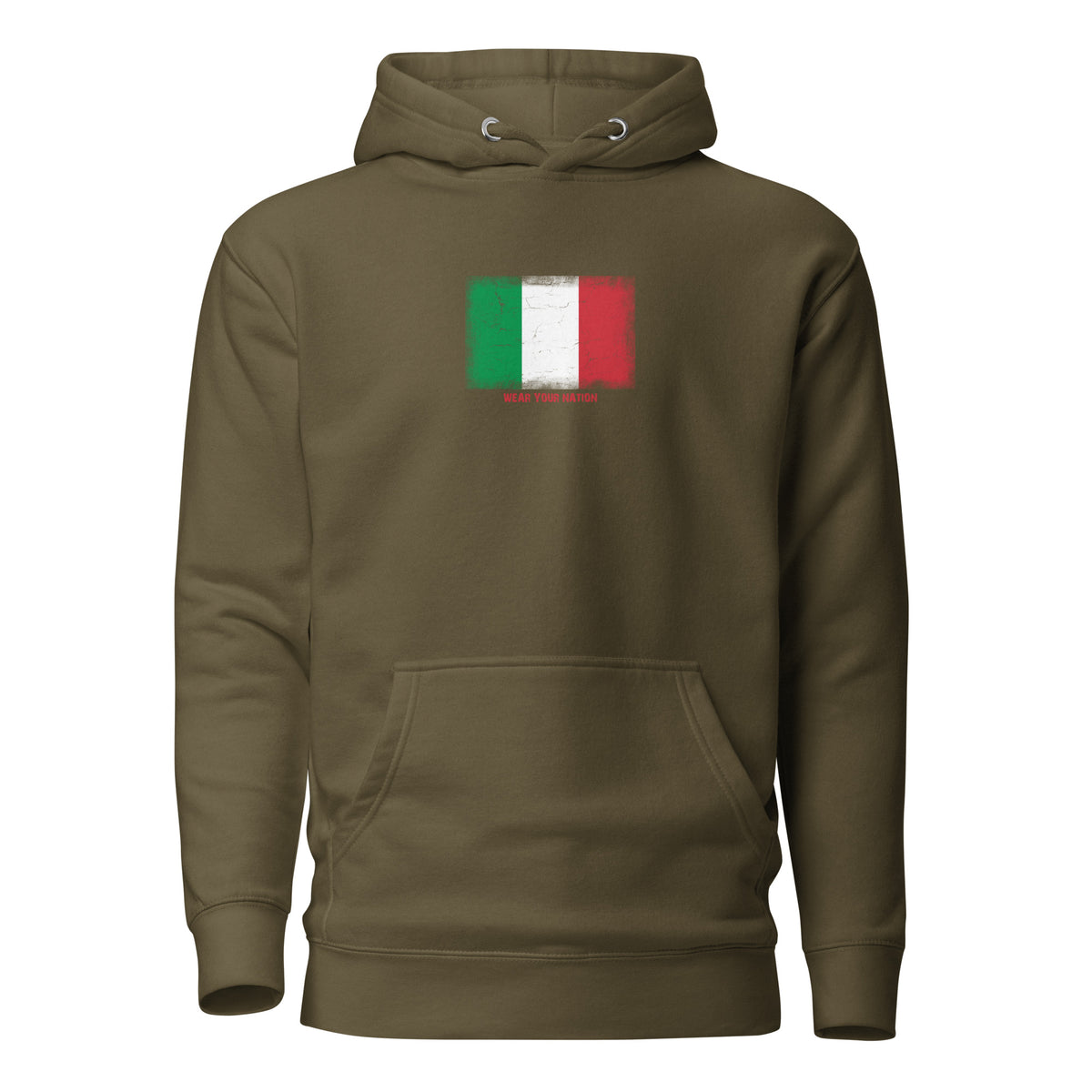 Italy flag hoodie in Military Green, vintage-washed print, flag on the chest, unisex cut, front view