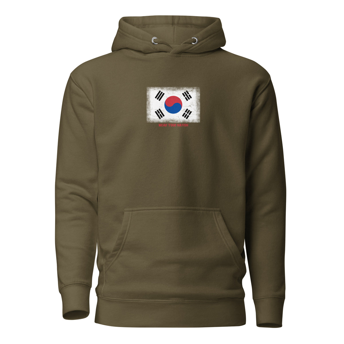 South Korea flag hoodie in Military Green, vintage-washed print, flag on the chest, unisex cut, front view