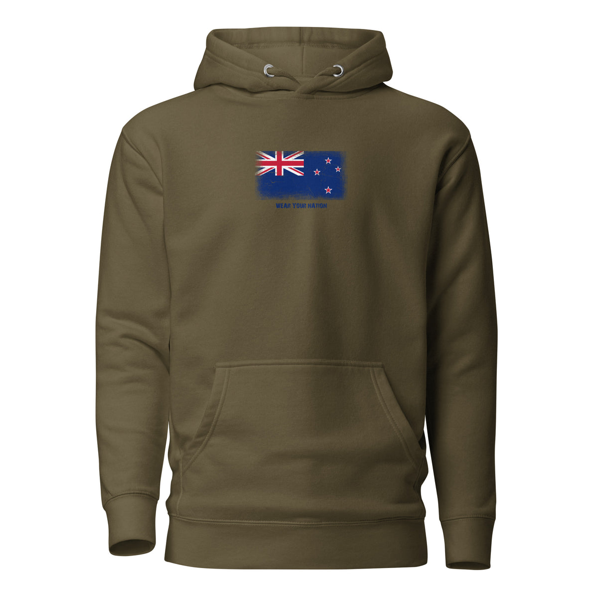 New Zealand flag hoodie in Military Green, vintage-washed print, flag on the chest, unisex cut, front view