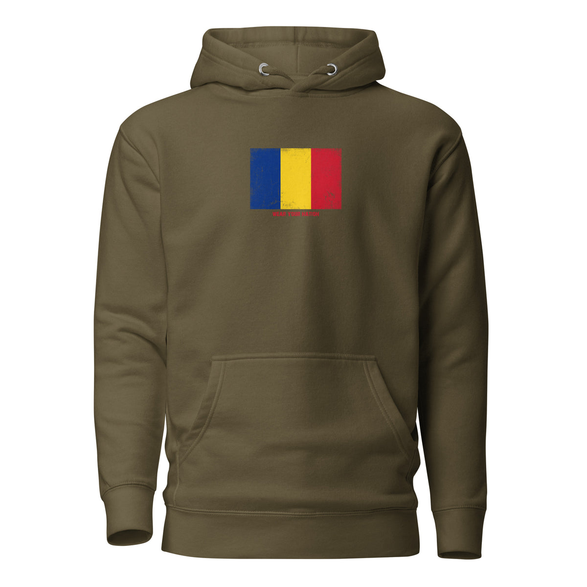 Romania flag hoodie in Military Green, vintage-washed print, flag on the chest, unisex cut, front view