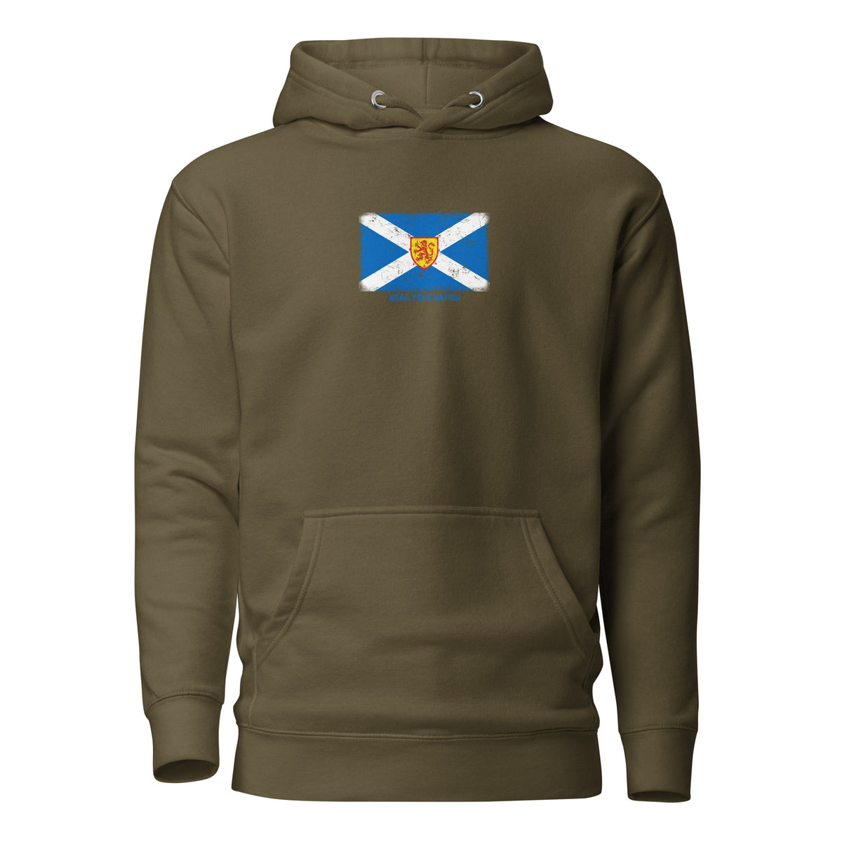 Scotland flag hoodie in Military Green, vintage-washed print, flag on the chest, unisex cut, front view