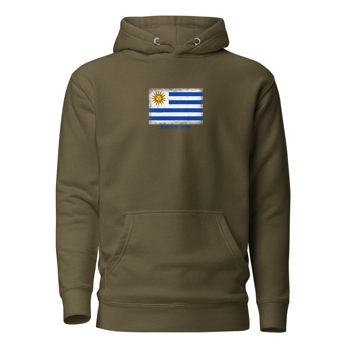 Uruguay flag hoodie in Military Green, vintage-washed print, flag on the chest, unisex cut, front view