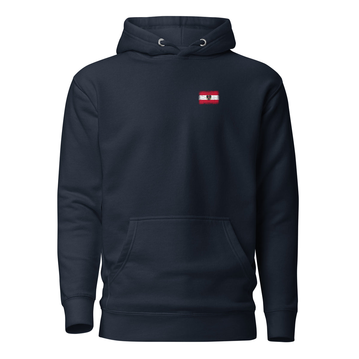 Austria flag hoodie in Navy Blazer, vintage-washed print, small flag on the left chest, unisex cut, front view