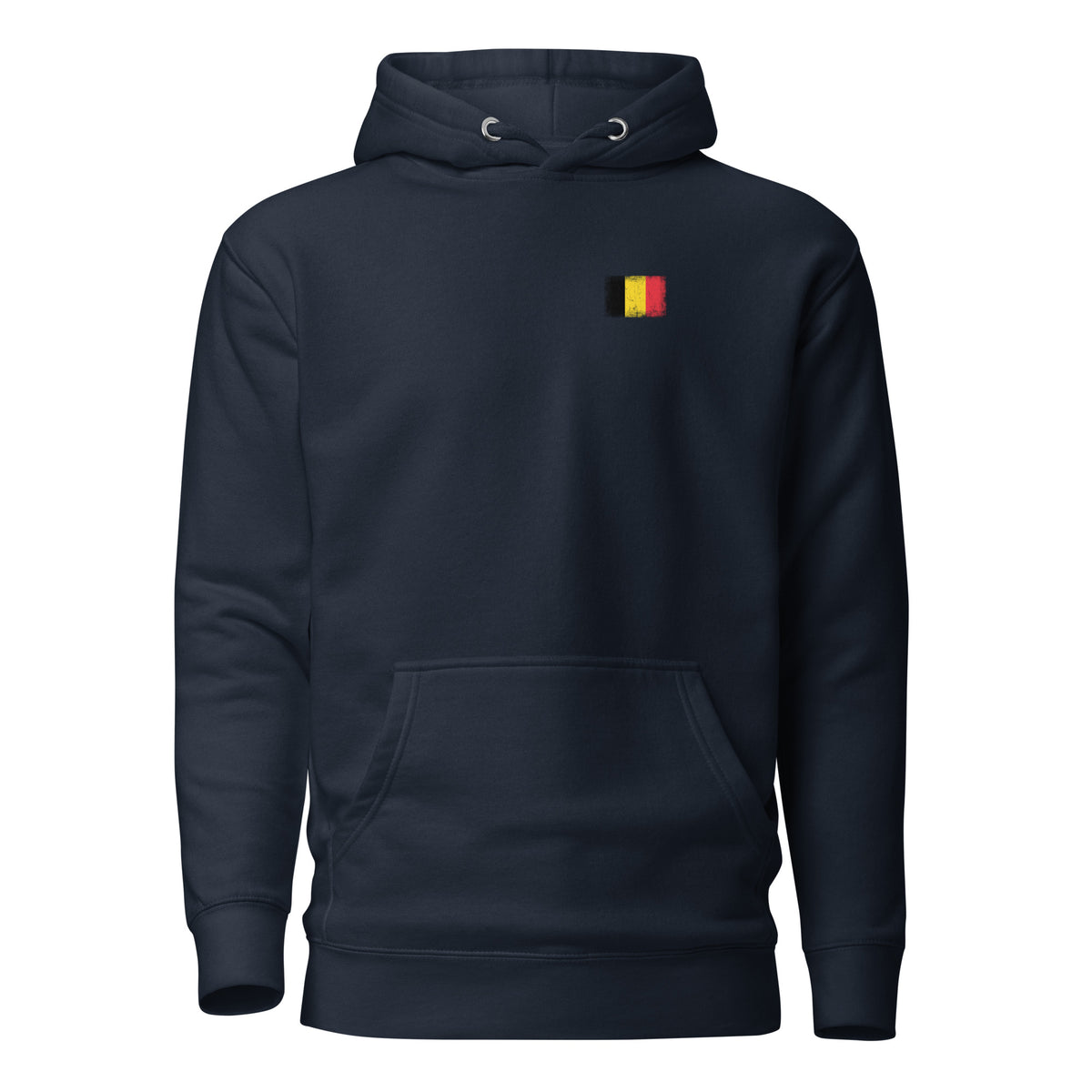 Belgium flag hoodie in Navy Blazer, vintage-washed print, small flag on the left chest, unisex cut, front view