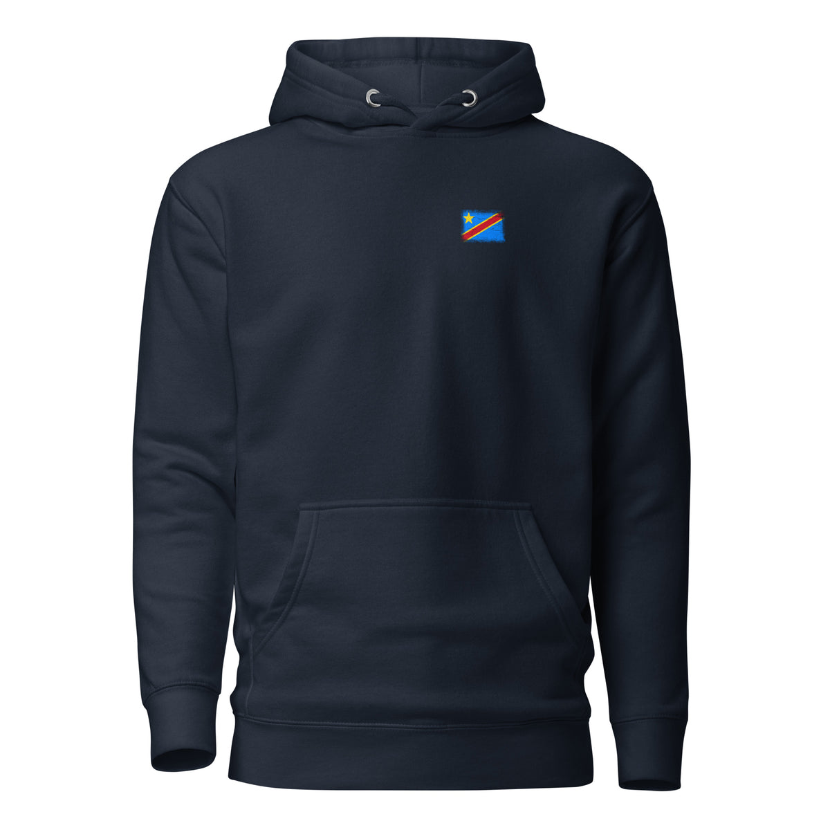 Congo flag hoodie in Navy Blazer, vintage-washed print, small flag on the left chest, unisex cut, front view