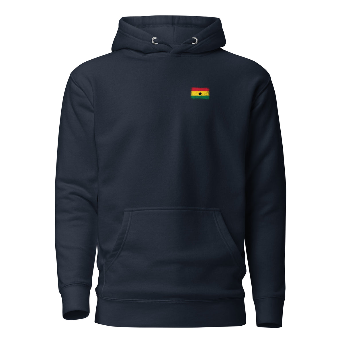 Ghana flag hoodie in Navy Blazer, vintage-washed print, small flag on the left chest, unisex cut, front view