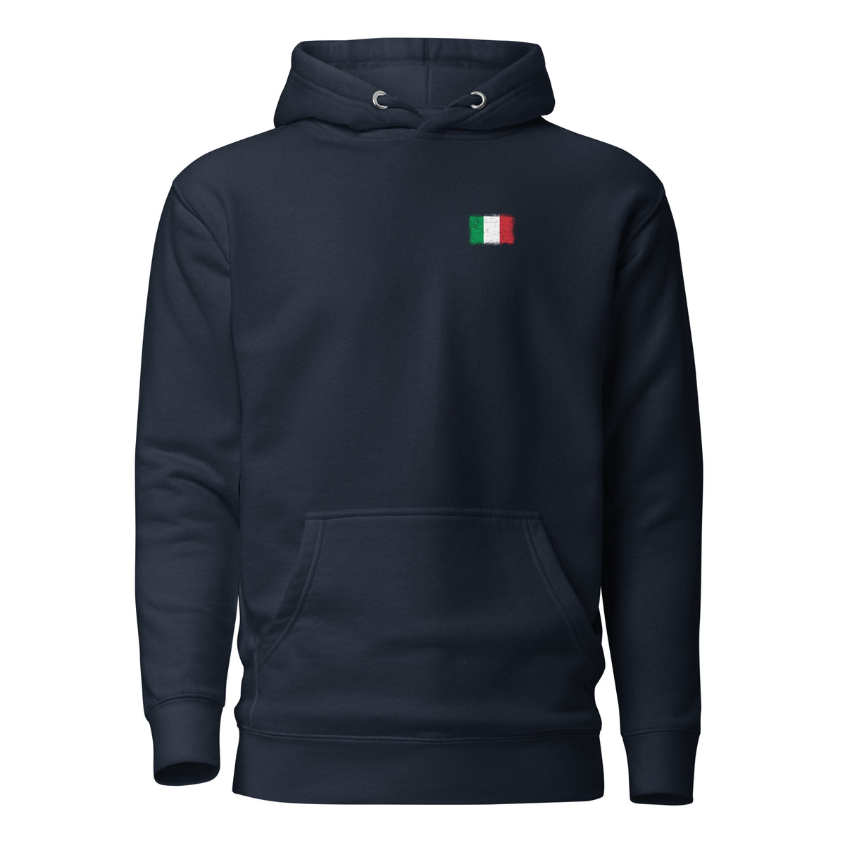 Italy flag hoodie in Navy Blazer, vintage-washed print, small flag on the left chest, unisex cut, front view