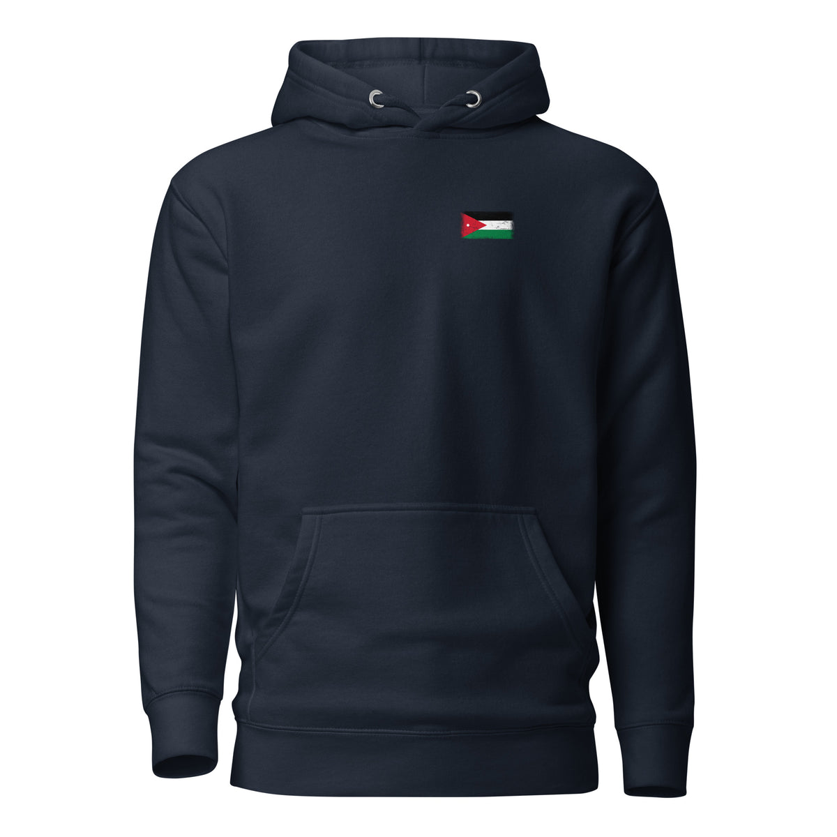 Jordan flag hoodie in Navy Blazer, vintage-washed print, small flag on the left chest, unisex cut, front view