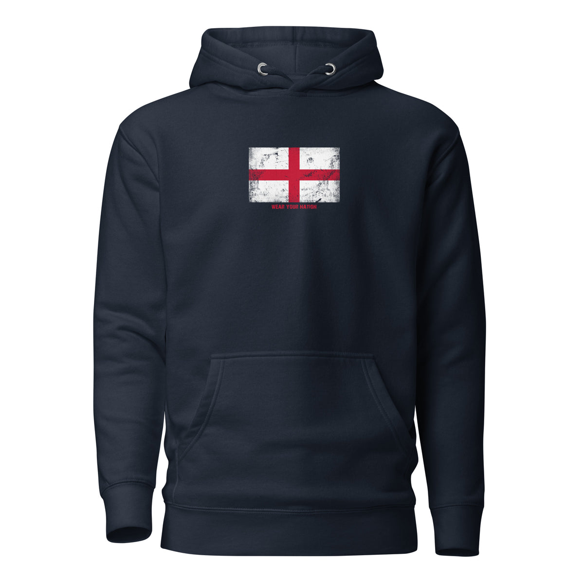 England flag hoodie in Navy Blazer, vintage-washed print, flag on the chest, unisex cut, front view