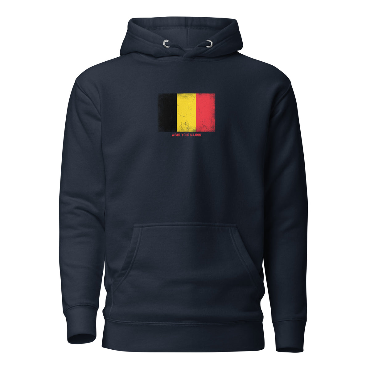Belgium flag hoodie in Navy Blazer, vintage-washed print, flag on the chest, unisex cut, front view