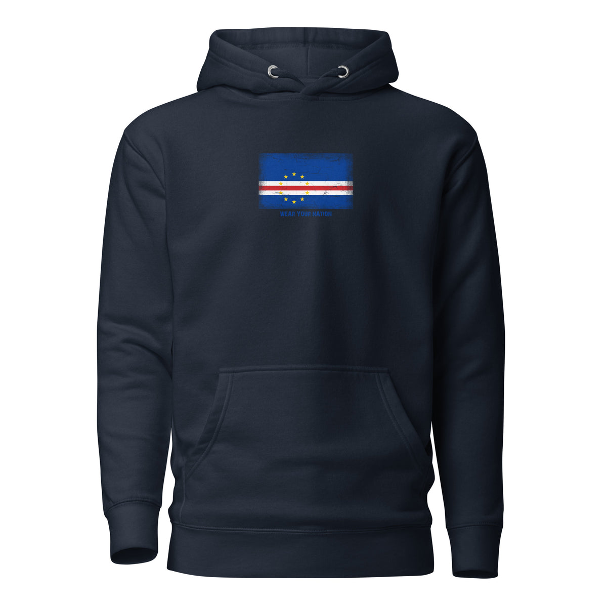Cape Verde flag hoodie in Navy Blazer, vintage-washed print, flag on the chest, unisex cut, front view