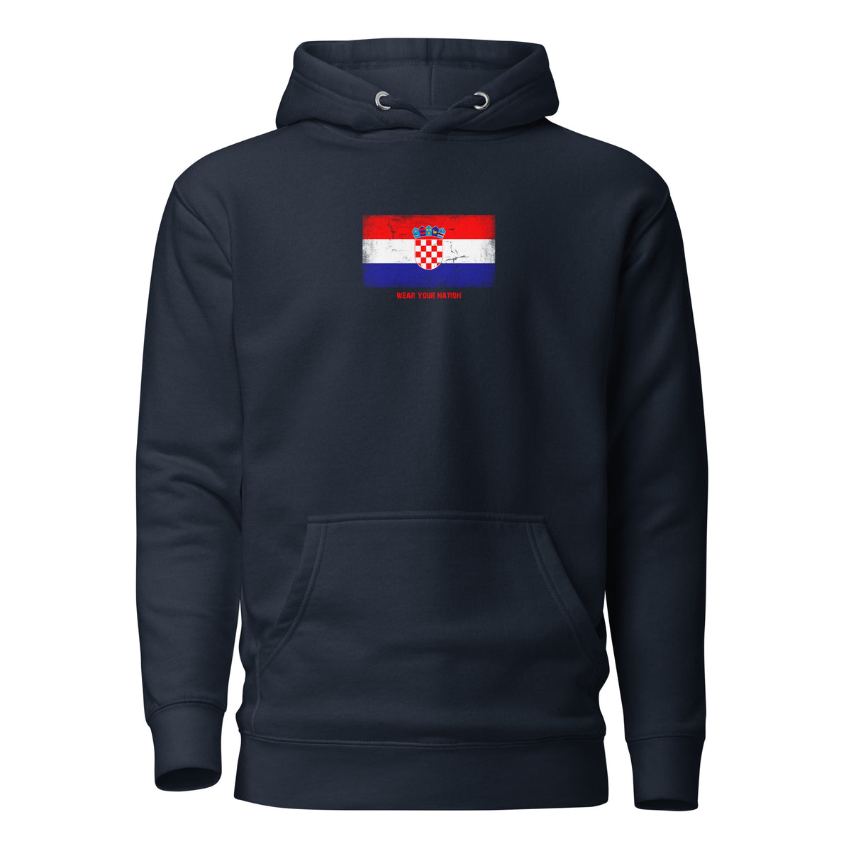 Croatia flag hoodie in Navy Blazer, vintage-washed print, flag on the chest, unisex cut, front view