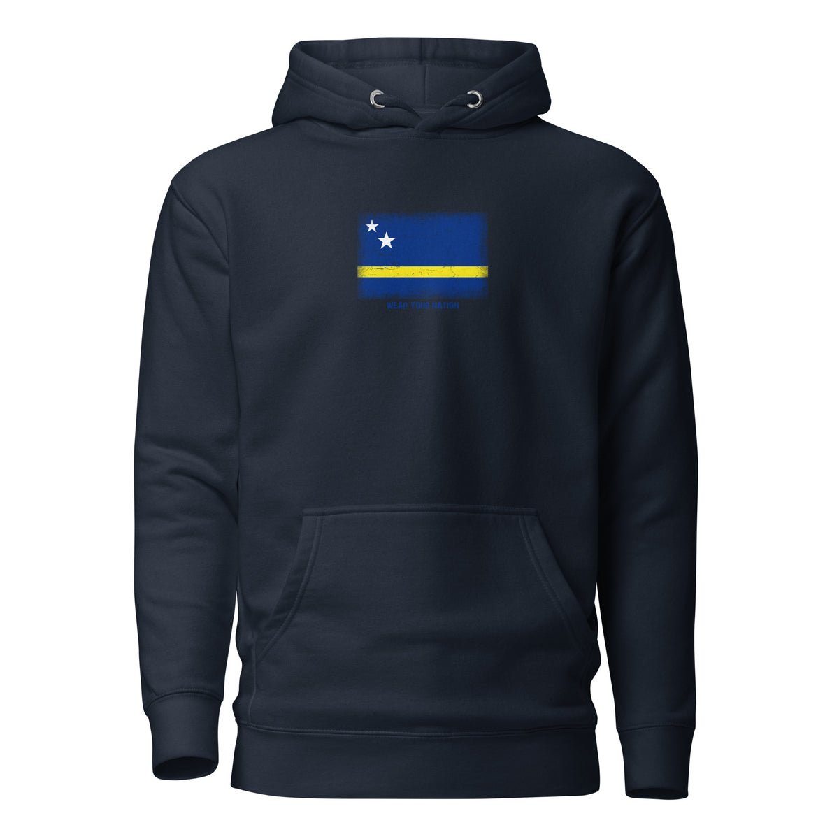 Curaçao flag hoodie in Navy Blazer, vintage-washed print, flag on the chest, unisex cut, front view