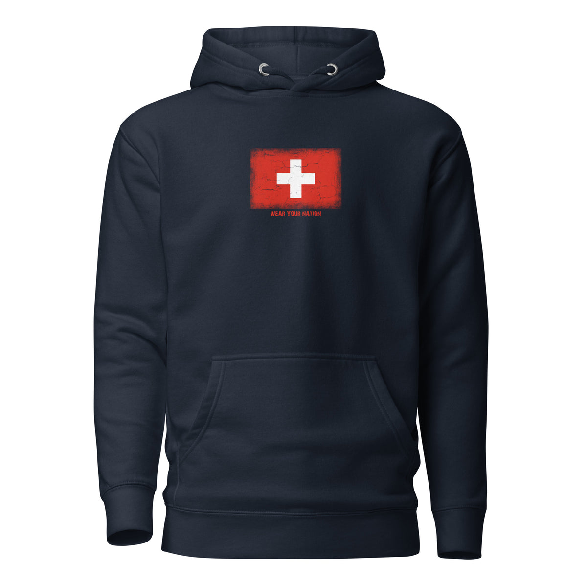 Switzerland flag hoodie in Navy Blazer, vintage-washed print, flag on the chest, unisex cut, front view