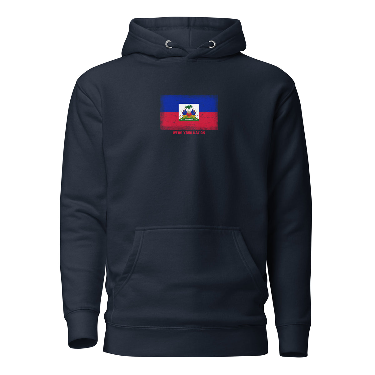 Haiti flag hoodie in Navy Blazer, vintage-washed print, flag on the chest, unisex cut, front view
