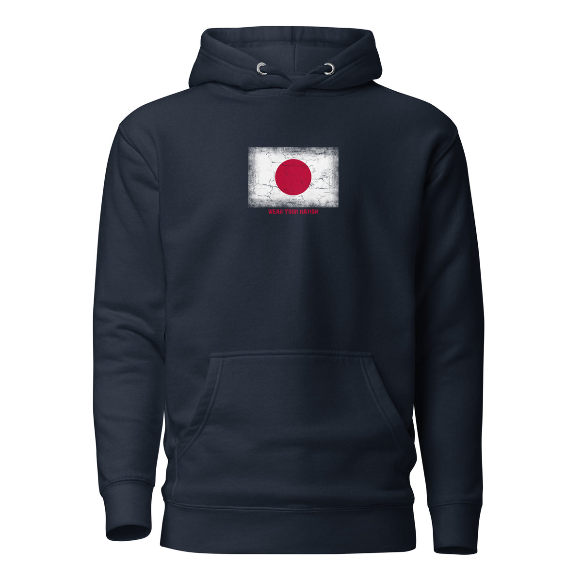 Japan flag hoodie in Navy Blazer, vintage-washed print, flag on the chest, unisex cut, front view