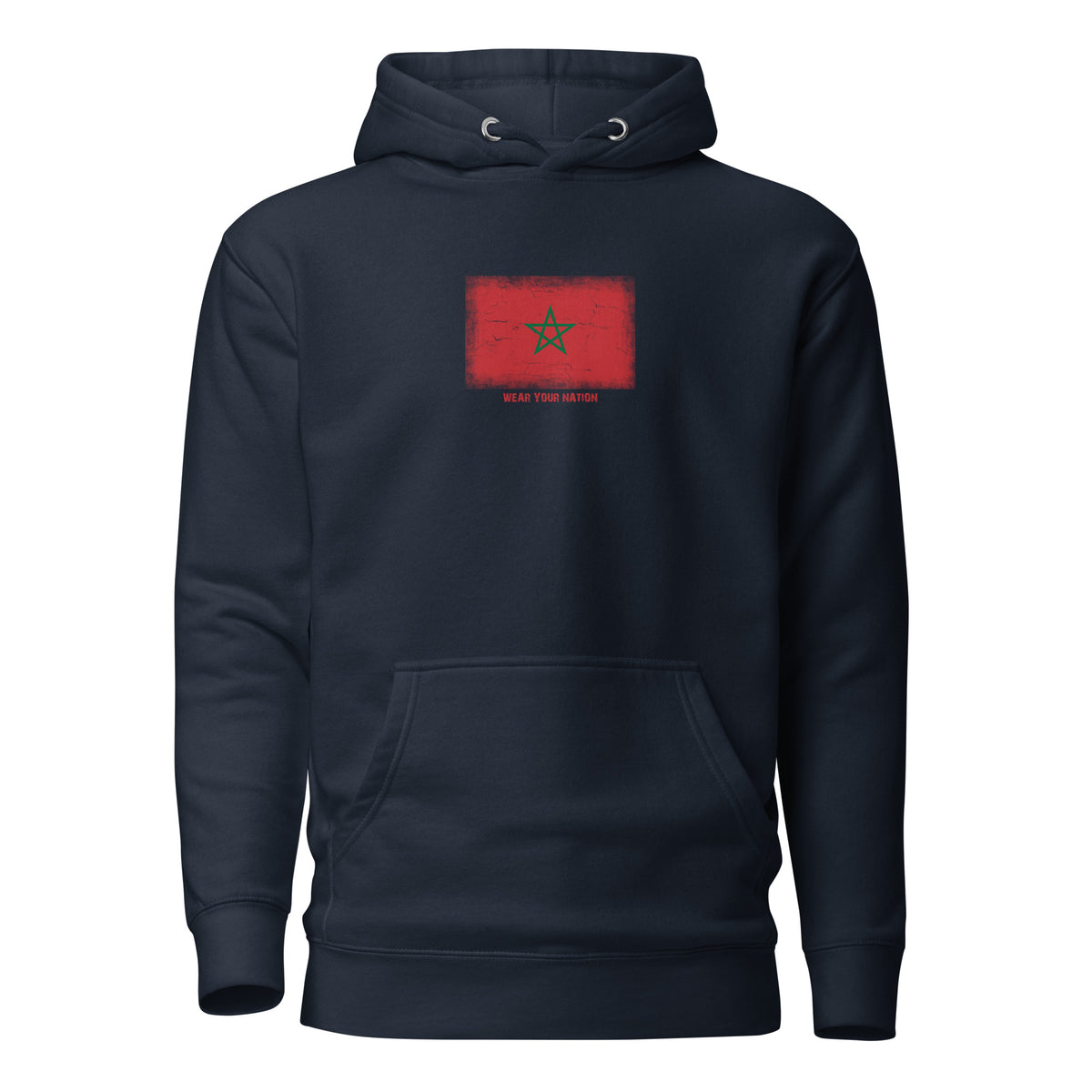 Morocco flag hoodie in Navy Blazer, vintage-washed print, flag on the chest, unisex cut, front view