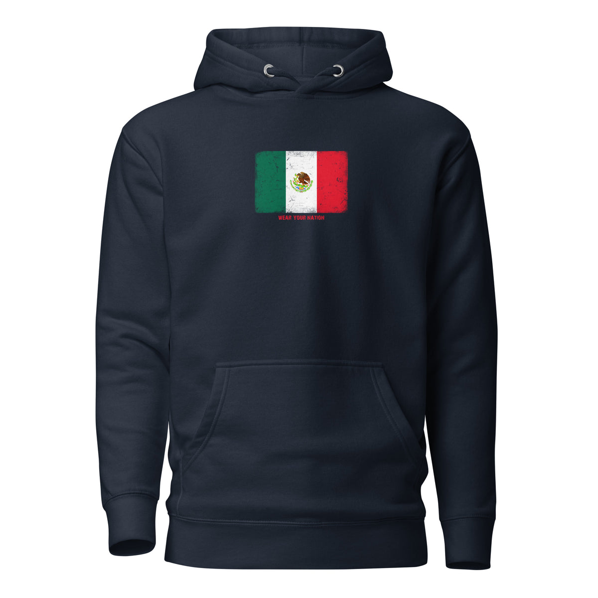 Mexico flag hoodie in Navy Blazer, vintage-washed print, flag on the chest, unisex cut, front view