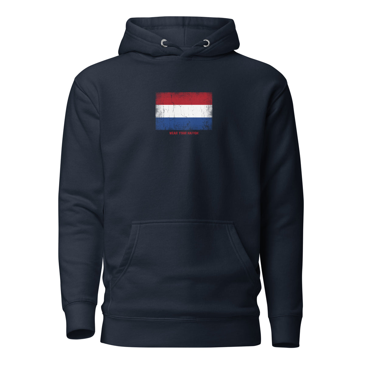 Netherlands flag hoodie in Navy Blazer, vintage-washed print, flag on the chest, unisex cut, front view