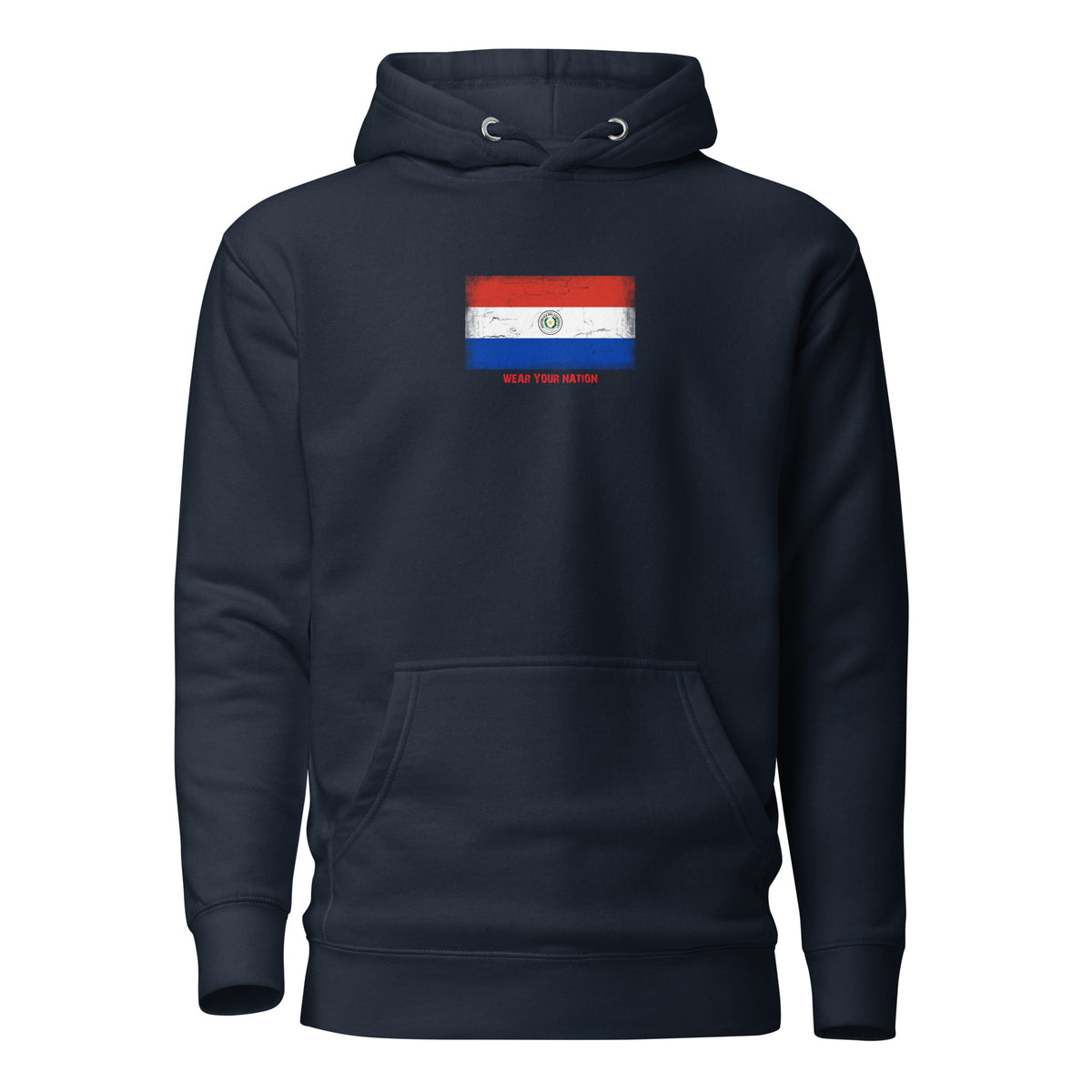 Paraguay flag hoodie in Navy Blazer, vintage-washed print, flag on the chest, unisex cut, front view