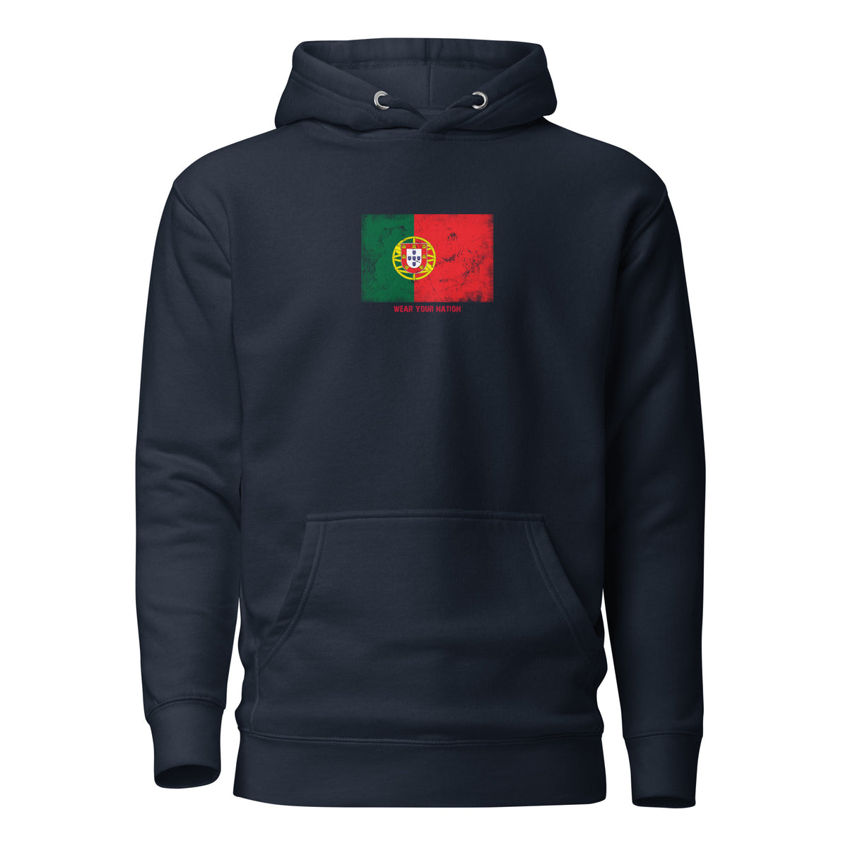 Portugal flag hoodie in Navy Blazer, vintage-washed print, flag on the chest, unisex cut, front view