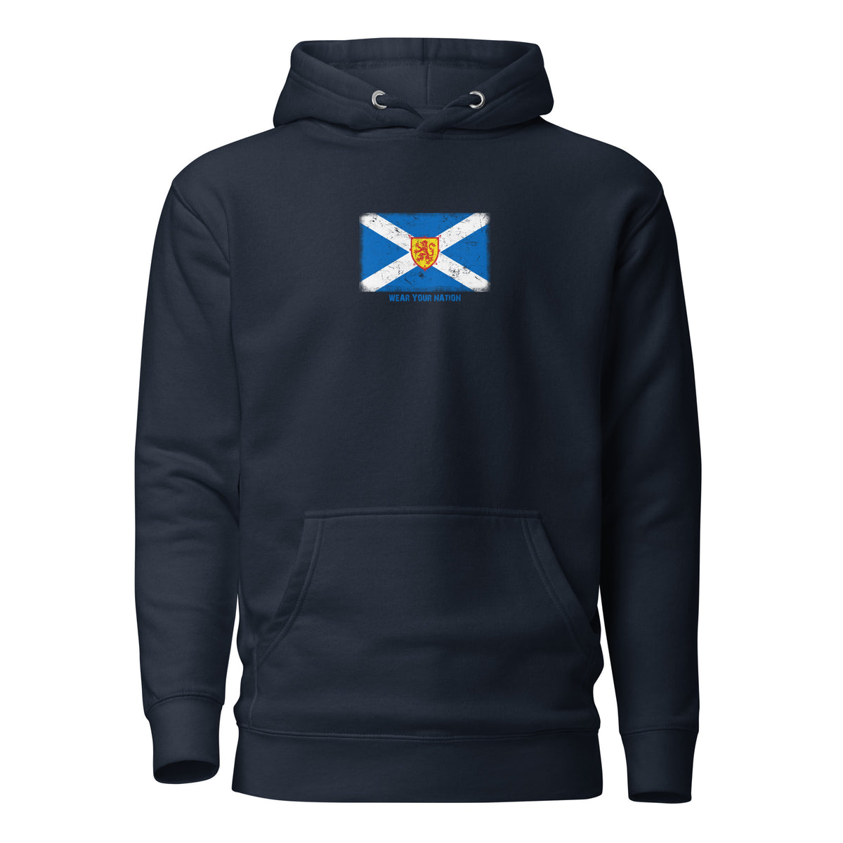 Scotland flag hoodie in Navy Blazer, vintage-washed print, flag on the chest, unisex cut, front view